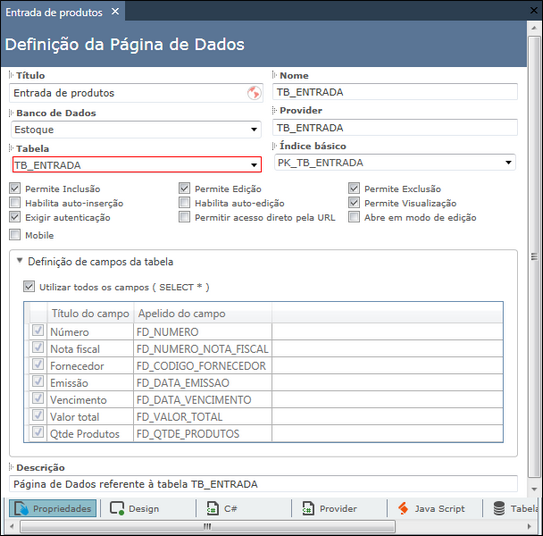 Definição da página Entrada de produtos - Exemplo Controle de estoque