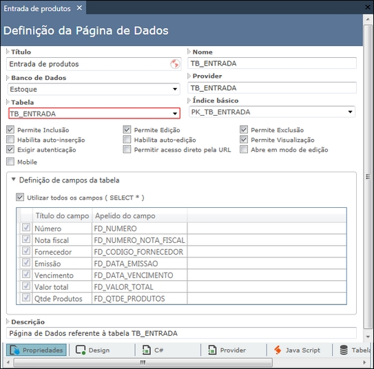 Definição da página Entrada de produtos - Exemplo Controle de estoque